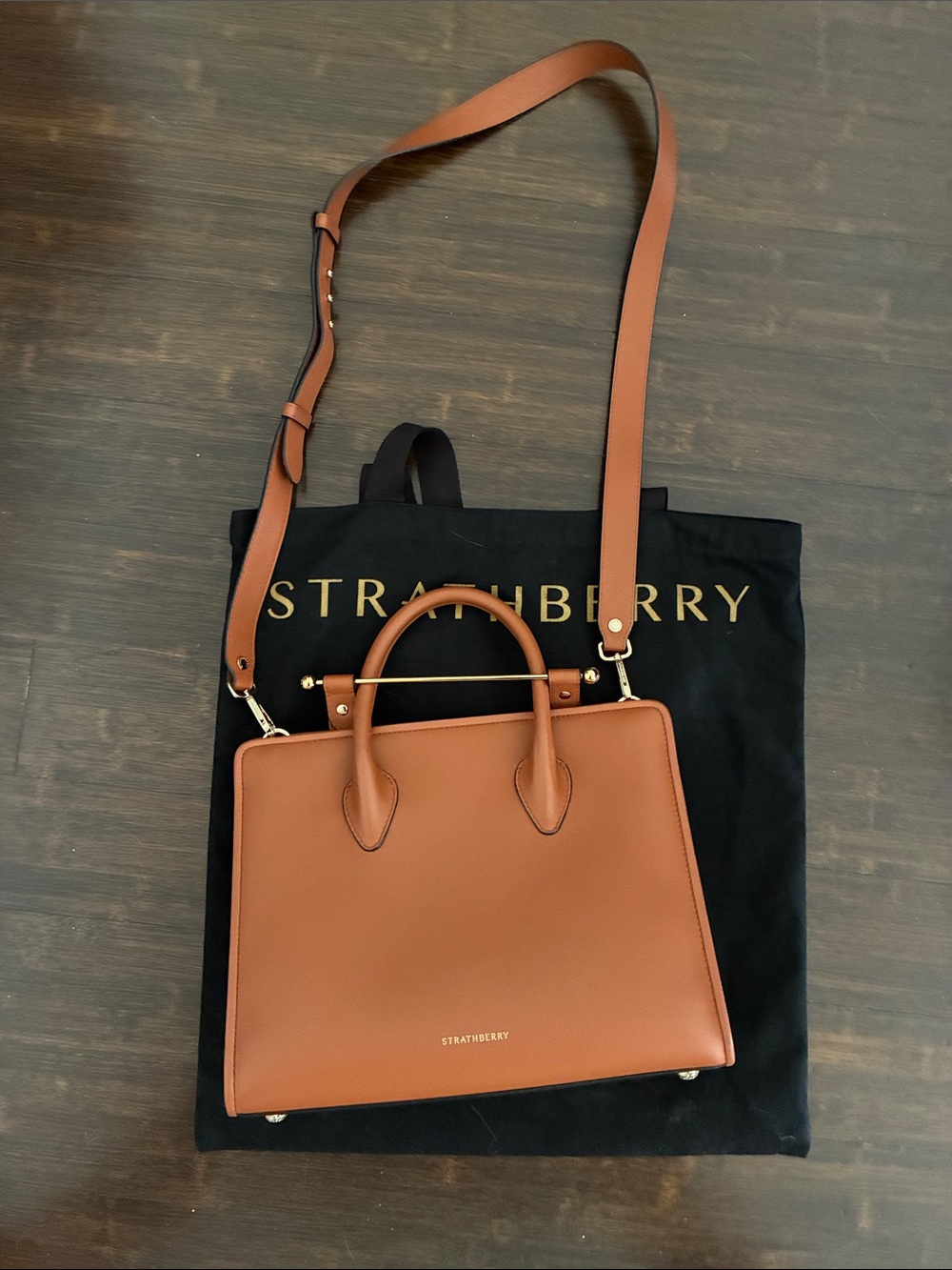 Strathberry Chestnut Leather Tan Midi Tote with Shoulder Strap
